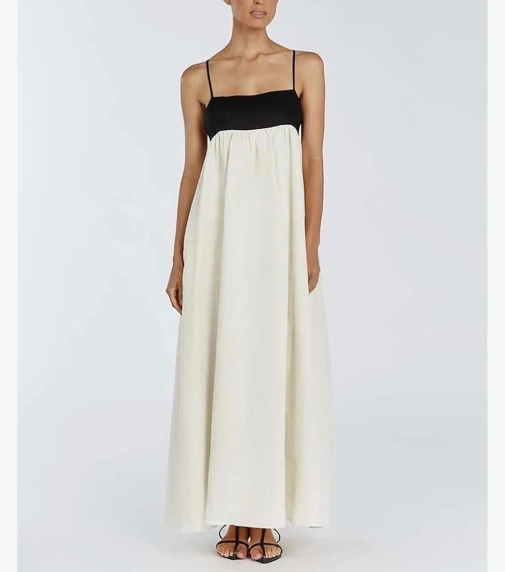 Cotton Open Back Maxi Dress Small Black Ivory Spaghetti Strap Boho Minimalist